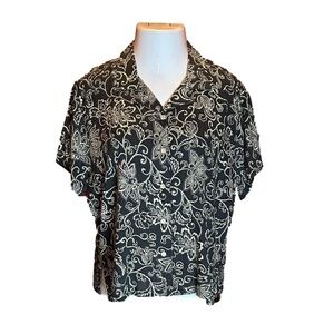 ALLYSON WHITMORE PETITE Black & Cream Print Button Up Blouse Size PL